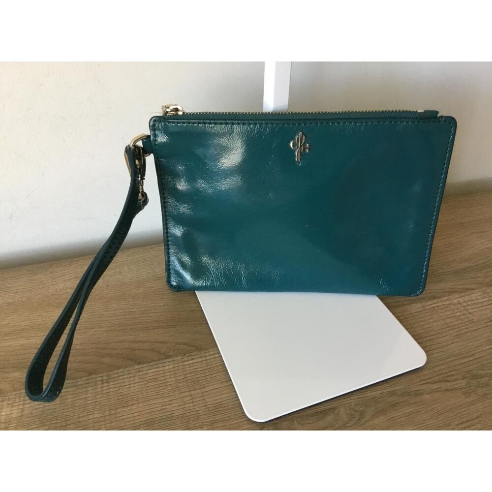 Cole Haan Wristlet Clutch in Teal Green Leather Glossy Finish